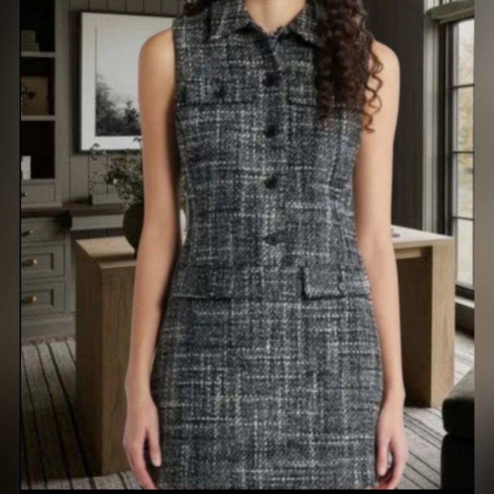 Theory Military Mini Dress in Black Multi Mélange Tweed. Size 12 - Picture 4 of 10